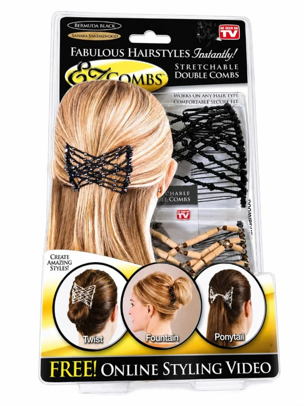 EZCombs Stretchable Double Combs Packaging | French Black Hair Styling Kit